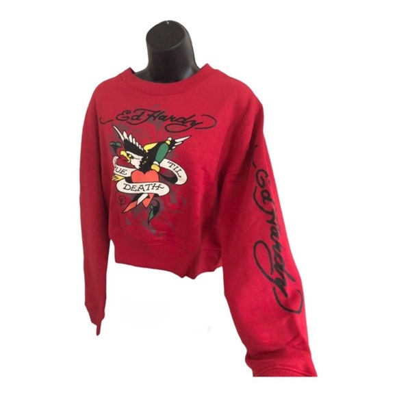 Ed Hardy red graphic print ‘true till death’ Don Ed Hardy printed sweatshirt - Picture 8 of 12